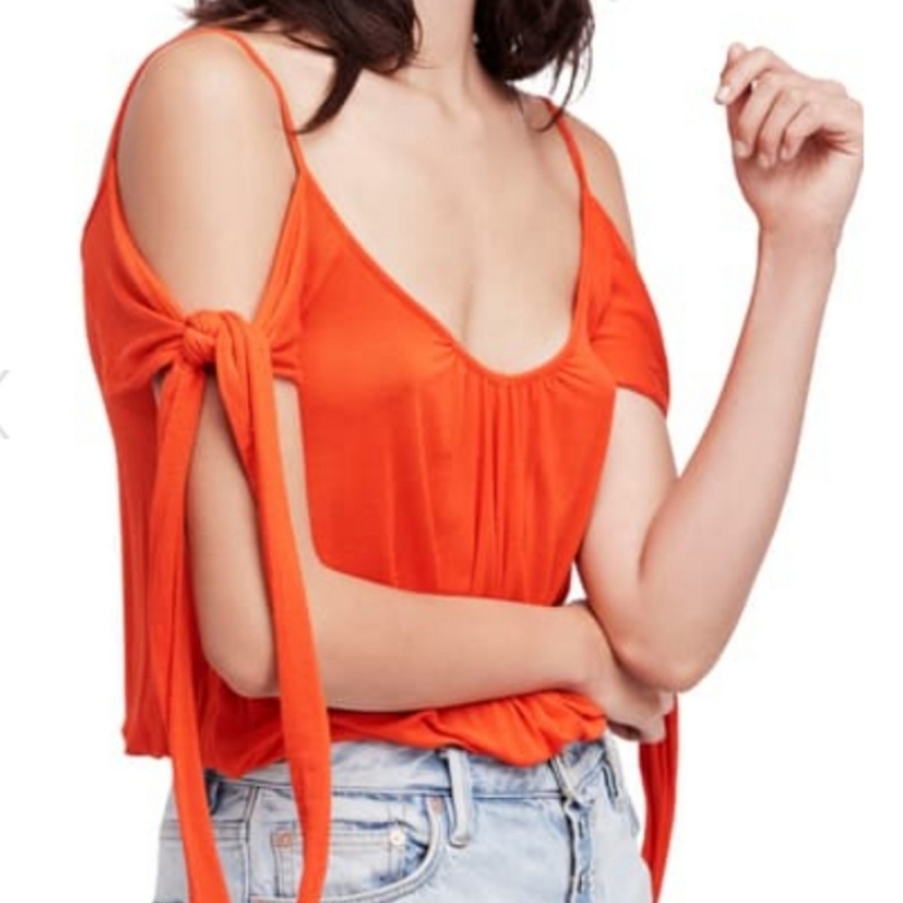 Free People Believe Me Cold Shoulder Tie Sleeve Red Top Size XSmall